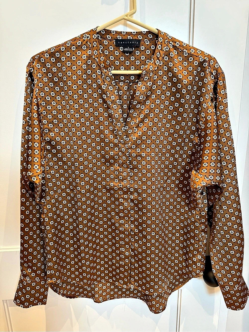Sanctuary Printed Long Sleeve Woven Top Brown & White Small